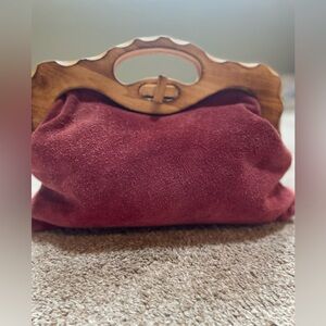 Vintage Burgundy Suede Handbag with Wooden Handle